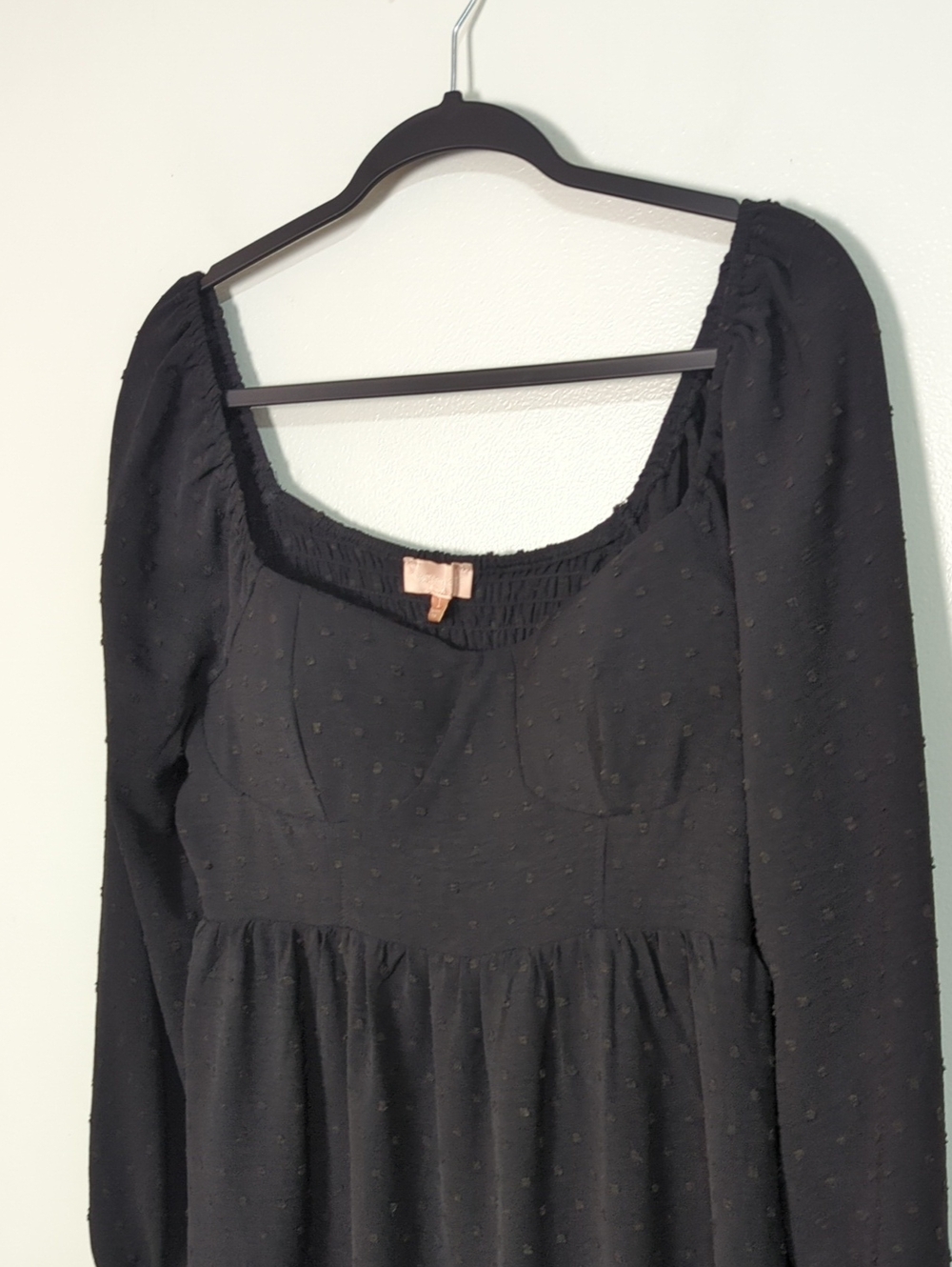 Charmed Hearts Size L Black Swiss Dot Babydoll Dress Long Sleeve Smocked Back - Picture 2 of 7